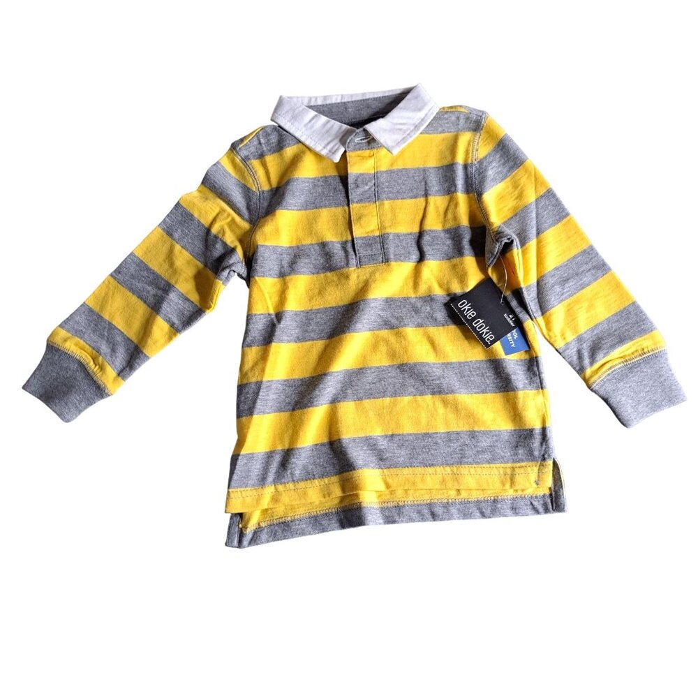 Okie Dokie Boys Long Sleeve Polo Shirt Striped 2T Cotton/Polyester Yellow & Gray